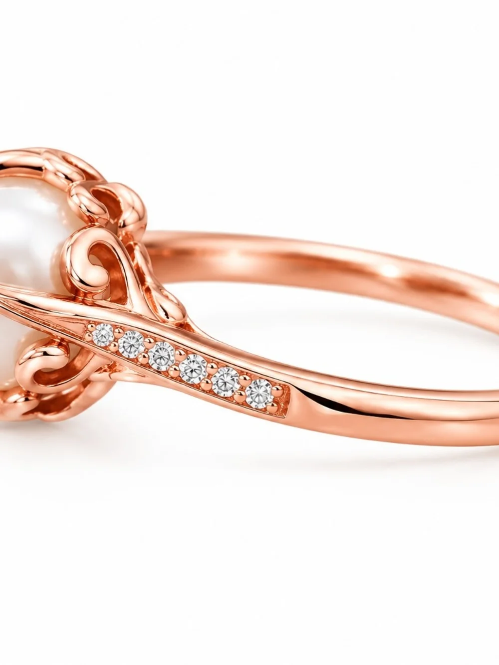 Rose Gold Pearl Ring with Pavé Accents - Women Jewelry
